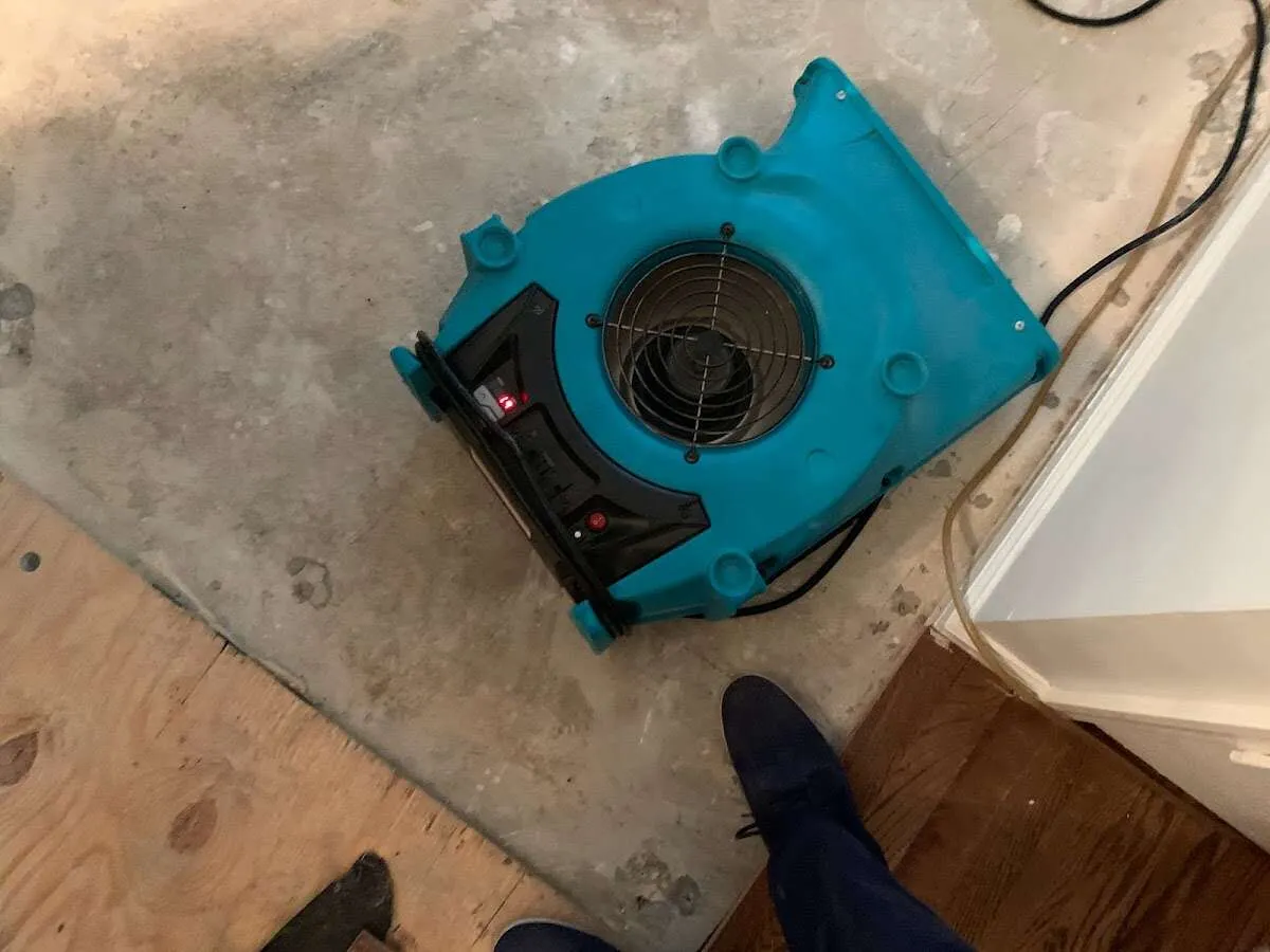 Air mover drying subfloor during Leak Detection & Repair in Pendleton